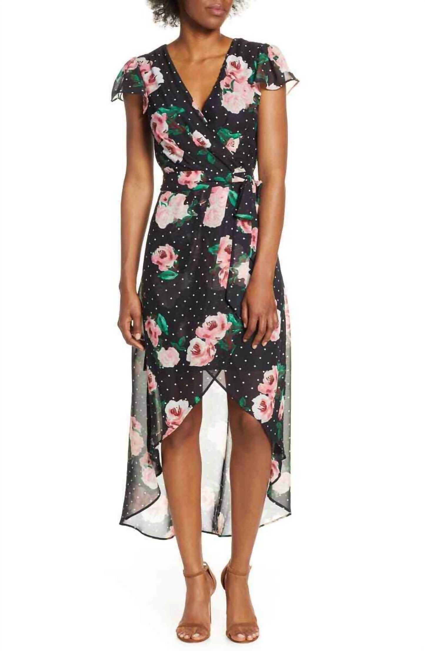 Julia Jordan - Faux Wrap Black Dots Floral High Low Chiffon Dress - Rack Hunt -