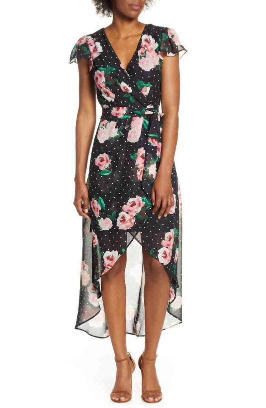 Julia Jordan - Faux Wrap Black Dots Floral High Low Chiffon Dress - Rack Hunt -