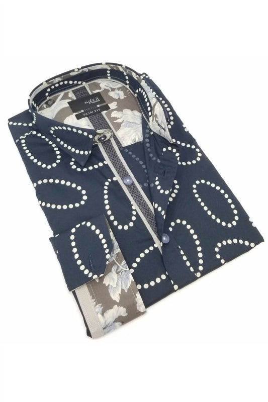 Oval Pattern Print Button Down Shirt With Floral Trim