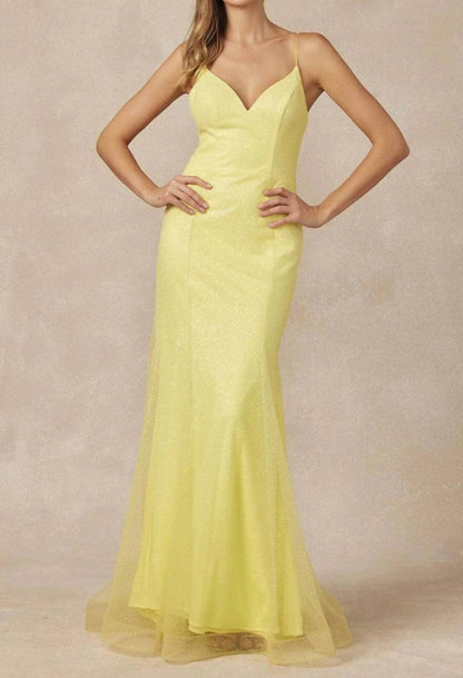 Glitter Mesh Fitted Evening Prom Gown