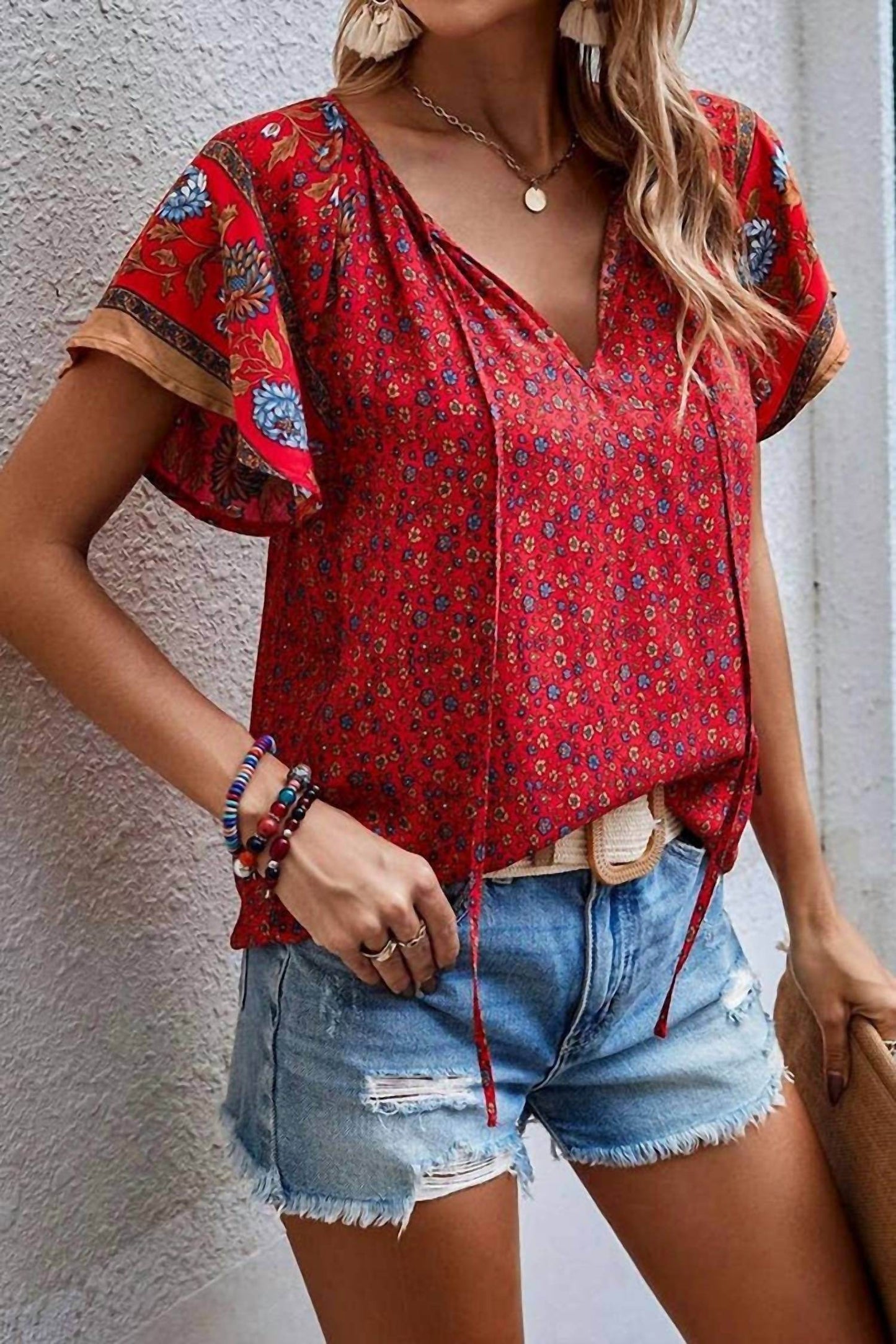Comely Fashion - Floral Print V Neck Short Flare Sleeves Shirt - Rack Hunt -