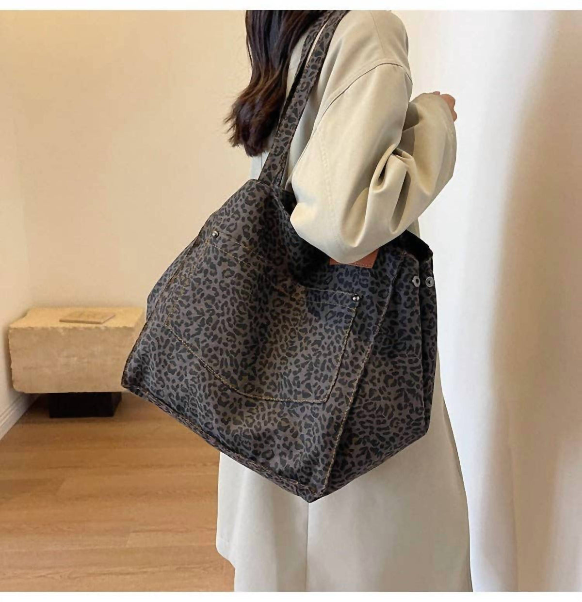 Leopard Print Slouchy Shoulder Tote Bag