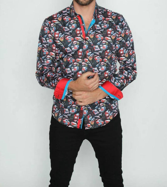 Comic Style Dark Button Down With Trim