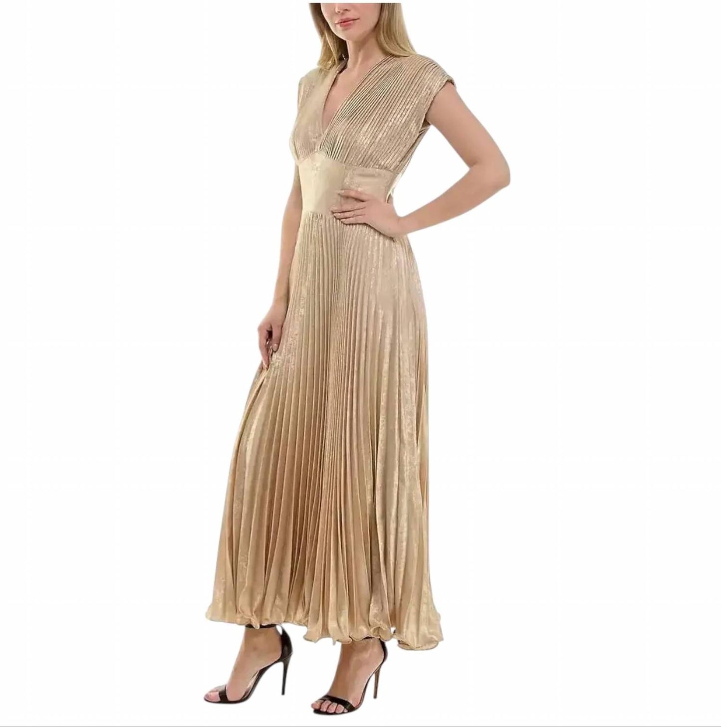 Metallic Pleated V-neck Cap Sleeve Gown