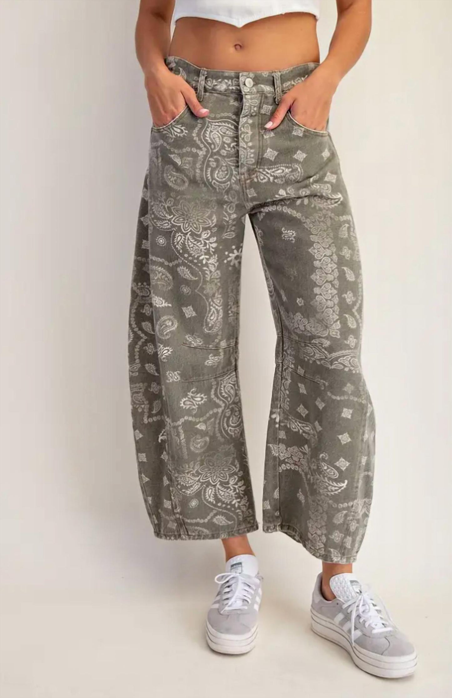 Maggie Mineral Washed Paisley Printed Barrel Jeans