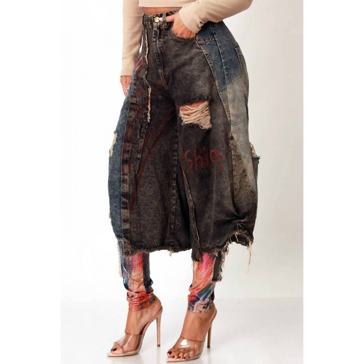 Distressed Denim Baggy Jean With Mesh Leggings