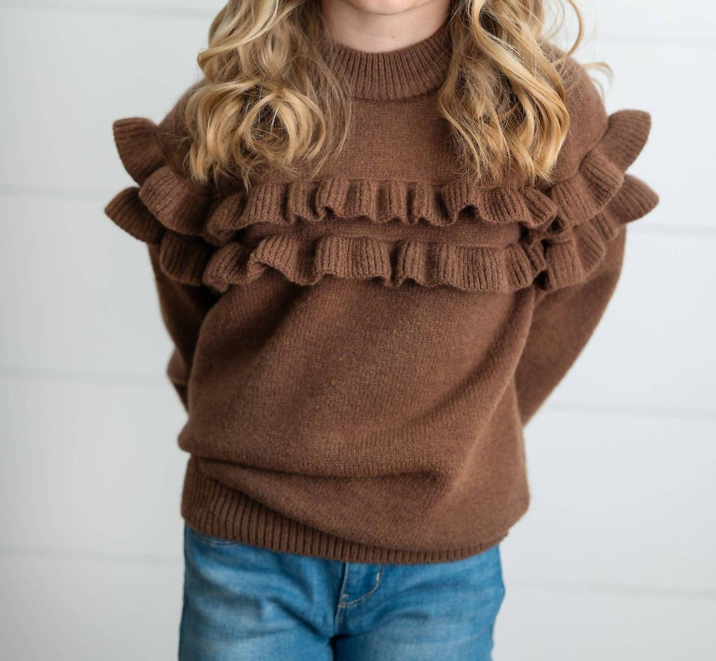 Girl's Double Ruffle Crewneck Sweater