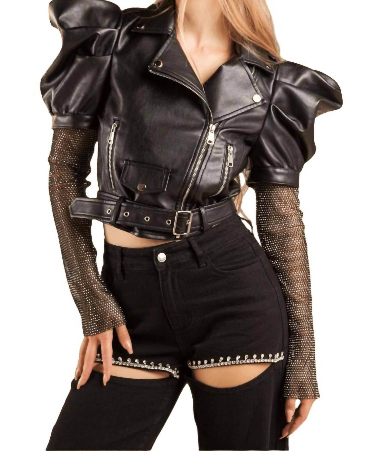 Galita - Rhinestone Sleeve Leather Jacket - Rack Hunt -
