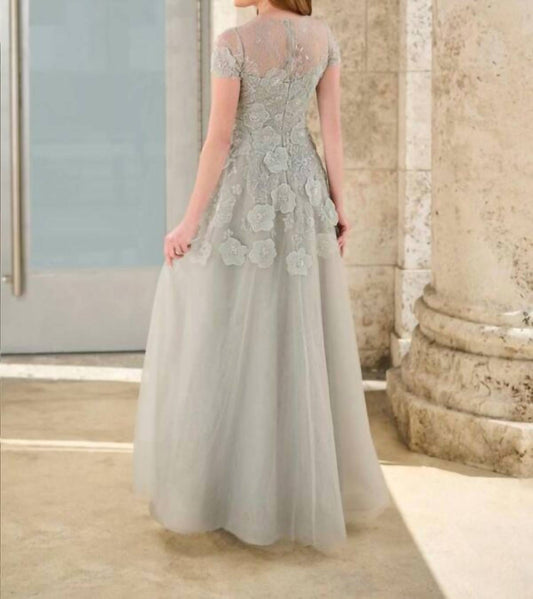 Short Sleeve Jewel Neck Evening Gown