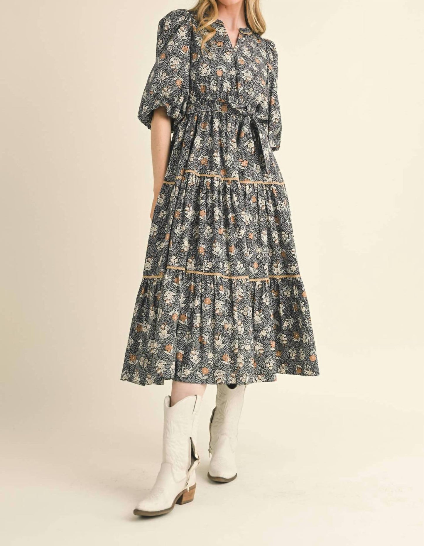 Bubble Sleeve Lace Trim Midi Dress