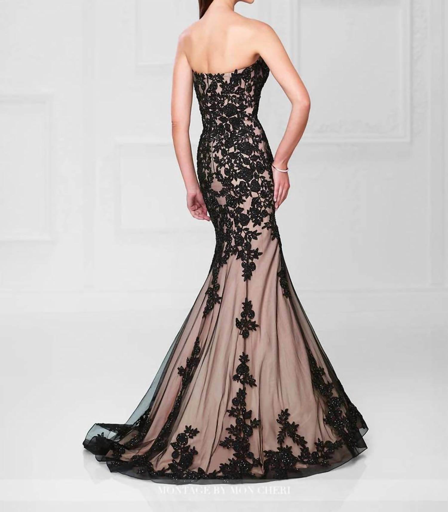 Social Occasions by Mon Cheri - Sequined Brocade Lace Nude Strapless Long Gown - Rack Hunt -