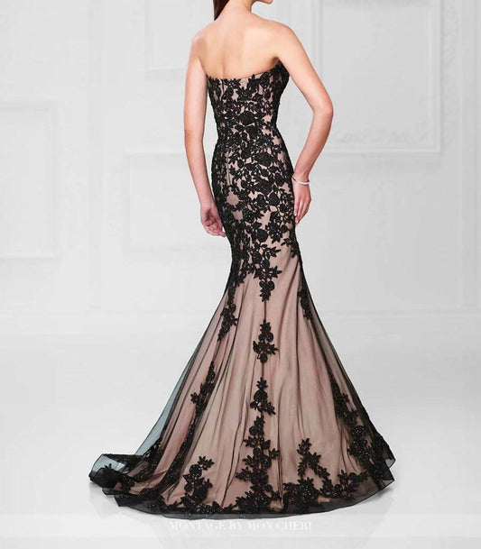 Social Occasions by Mon Cheri - Sequined Brocade Lace Nude Strapless Long Gown - Rack Hunt -