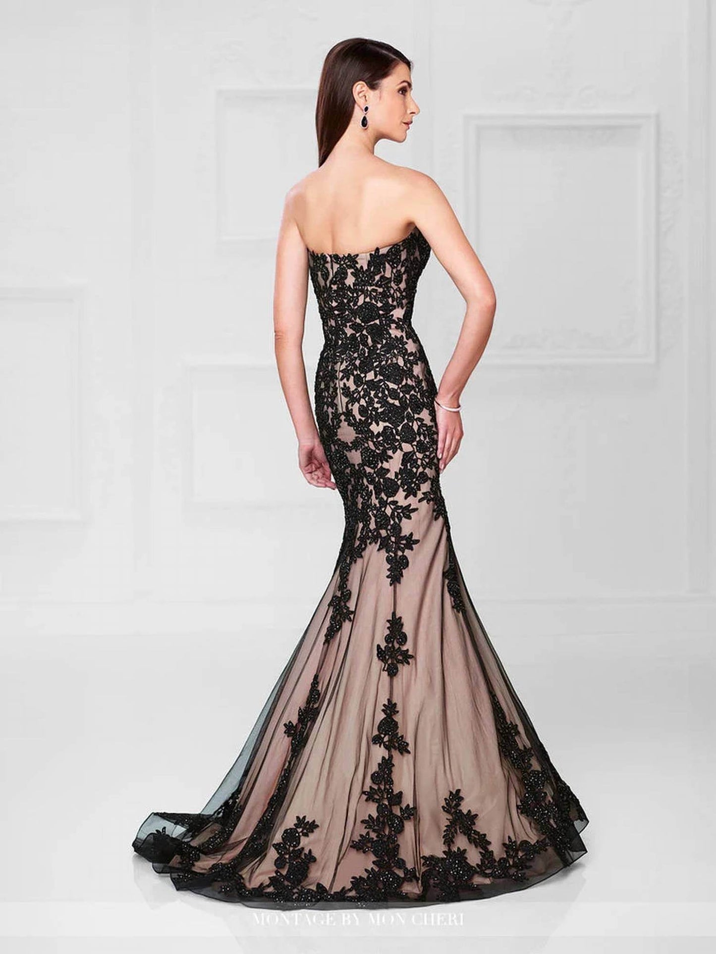 Social Occasions by Mon Cheri - Sequined Brocade Lace Nude Strapless Long Gown - Rack Hunt -