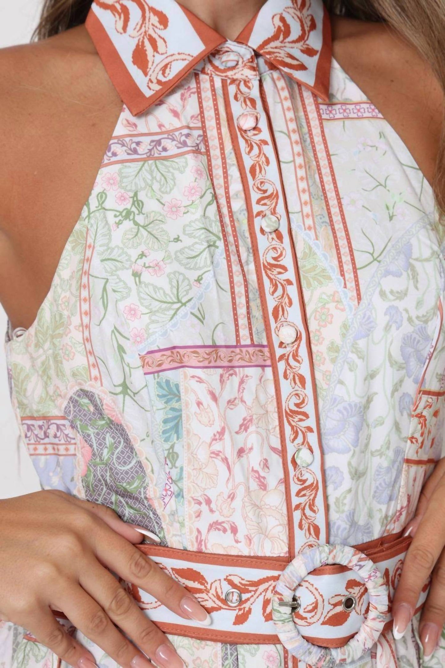 Round Buckle Belt Collared Maxi Dress