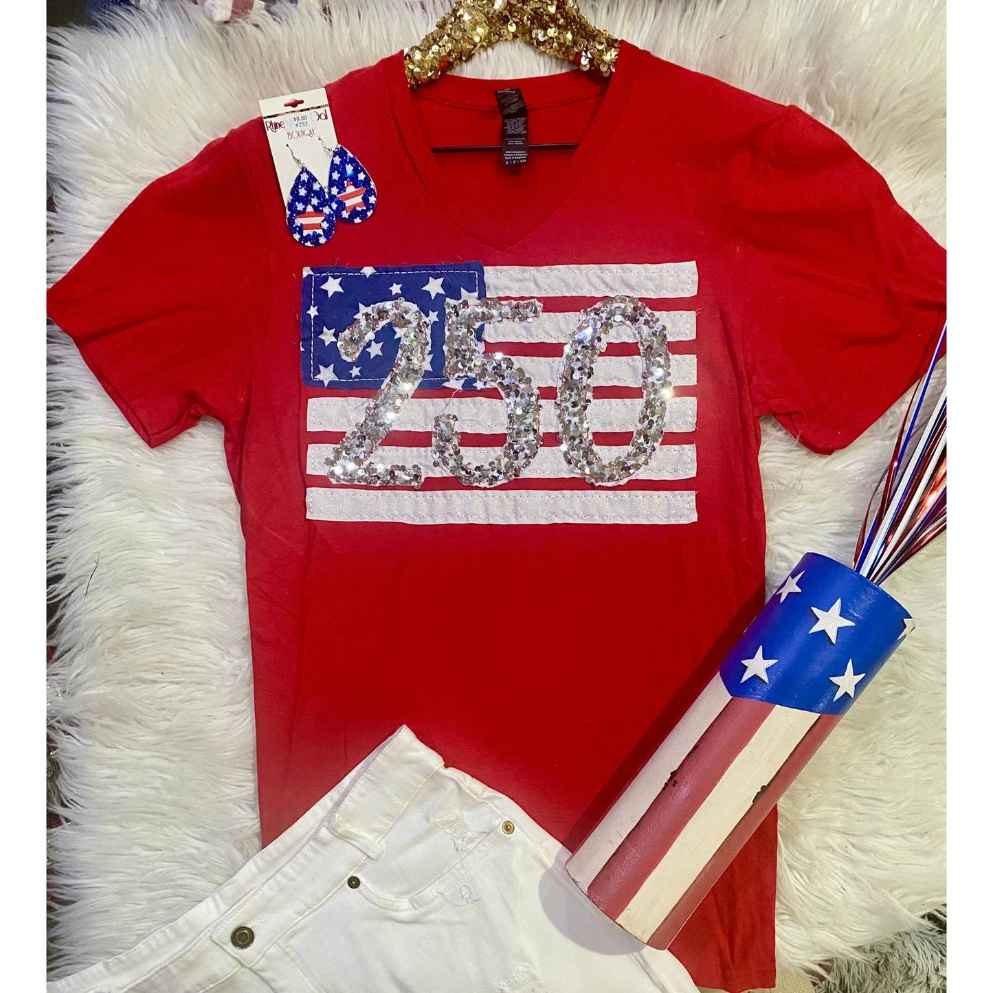 Women's Sequin 250 Patriotic V Neck Tee