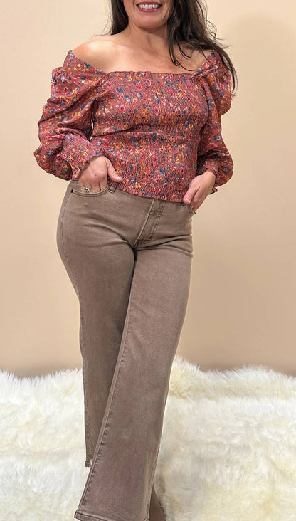 Floral Print Smocked Long Sleeve Top