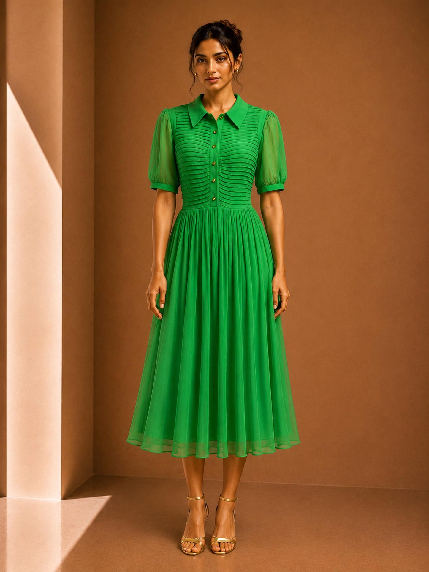 Sheer Pleated Midi Dress