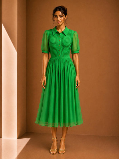 Sheer Pleated Midi Dress