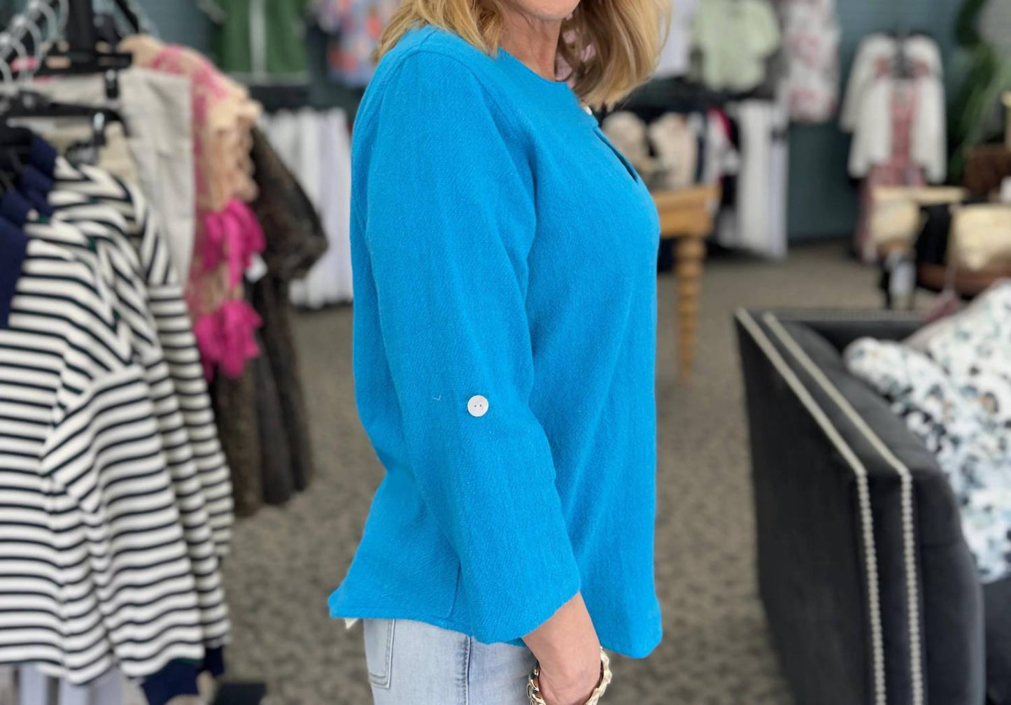 Round Neck Tab Detail Pullover Top