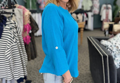 Round Neck Tab Detail Pullover Top