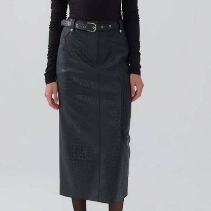 Faux Leather Midi Skirt With Belt