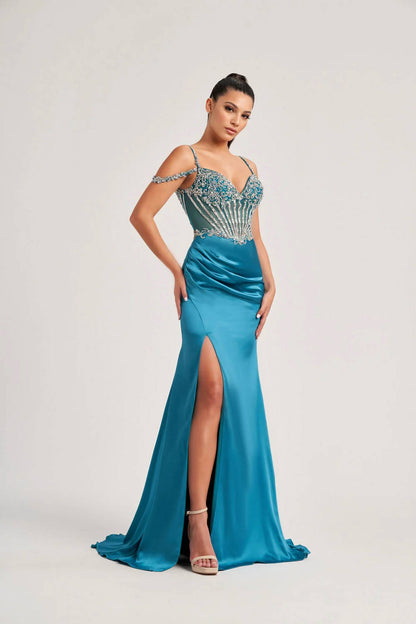 Satin Beaded Slit Gown