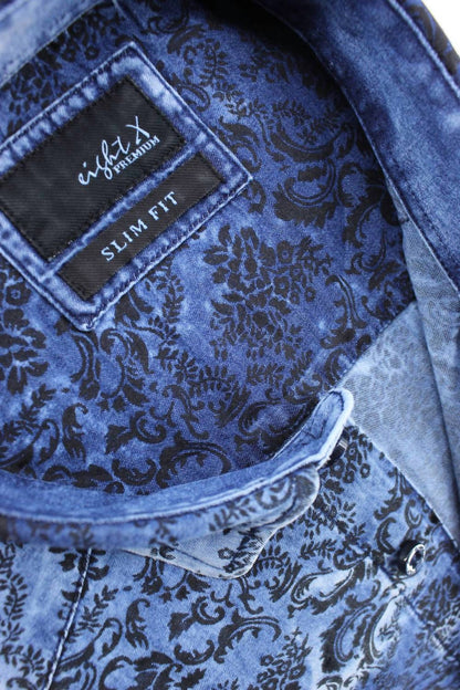 Men's Distressed Denim Shirt With Floral Flocking