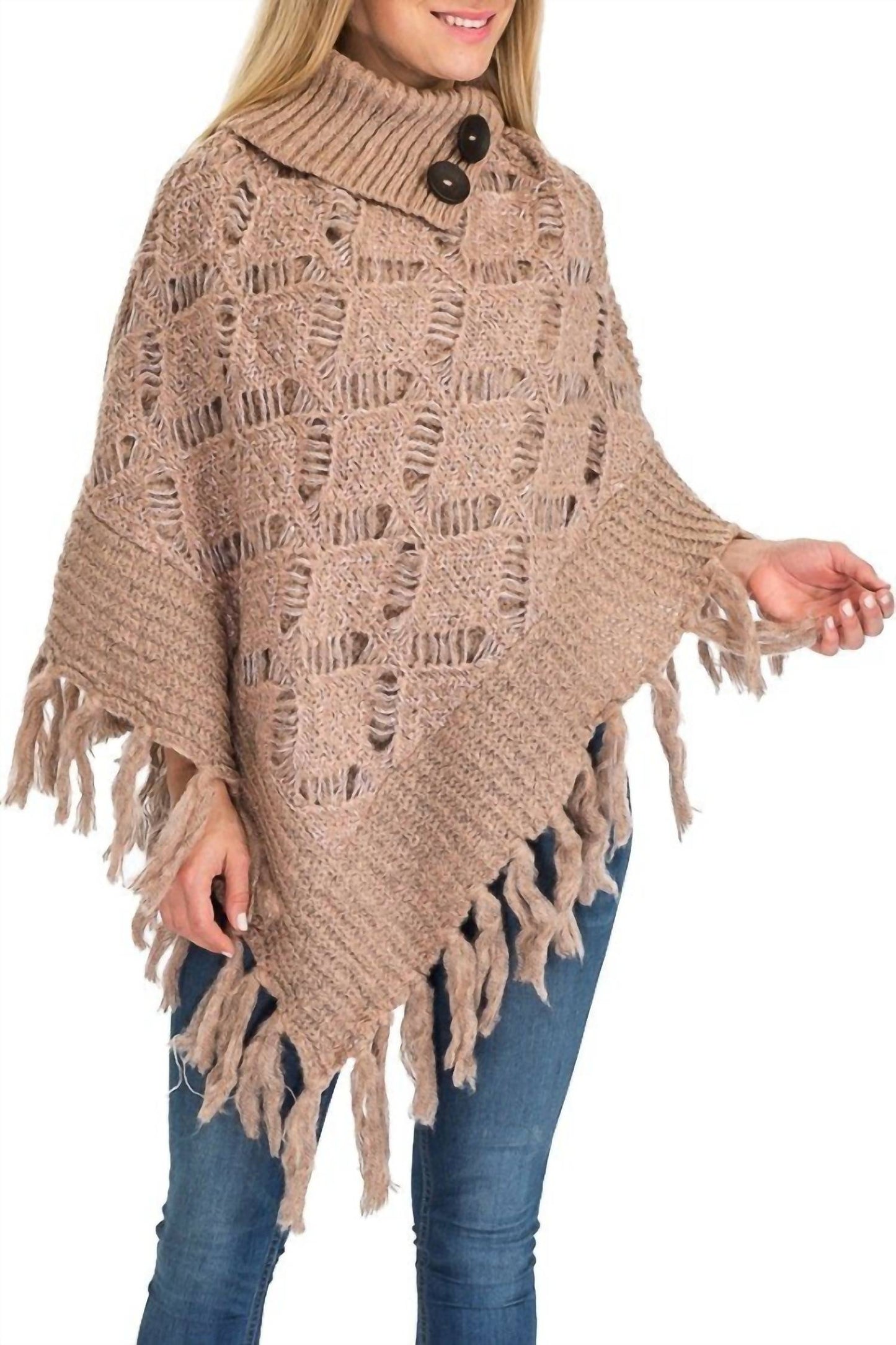 Turtleneck Ribbed Crochet Knit Poncho With Button Accent