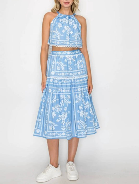 Placement Print Halter Top & Skirt Set