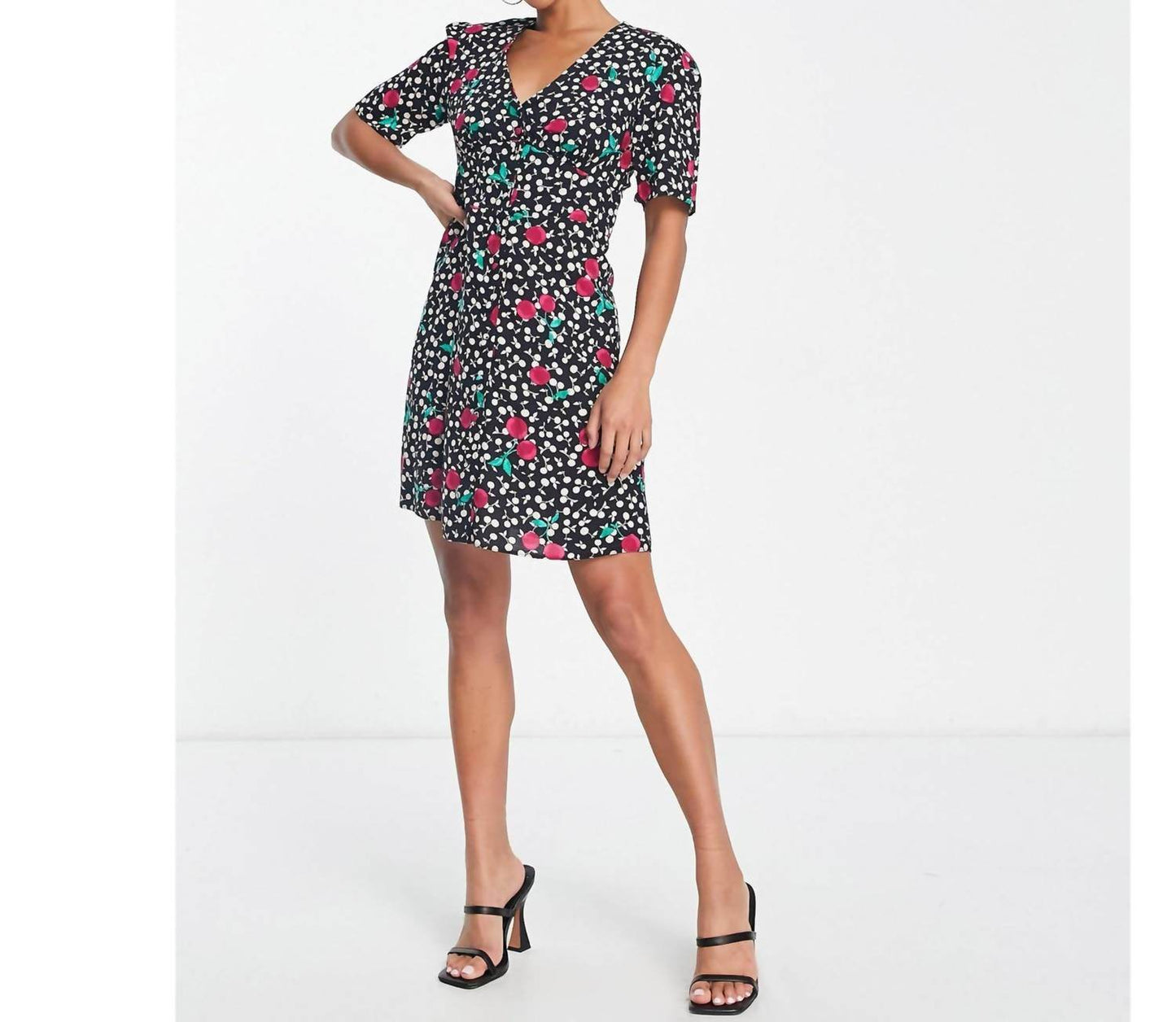 Nobody's Child - Cherry Short Sleeve Button Front Mini Dress - Rack Hunt -