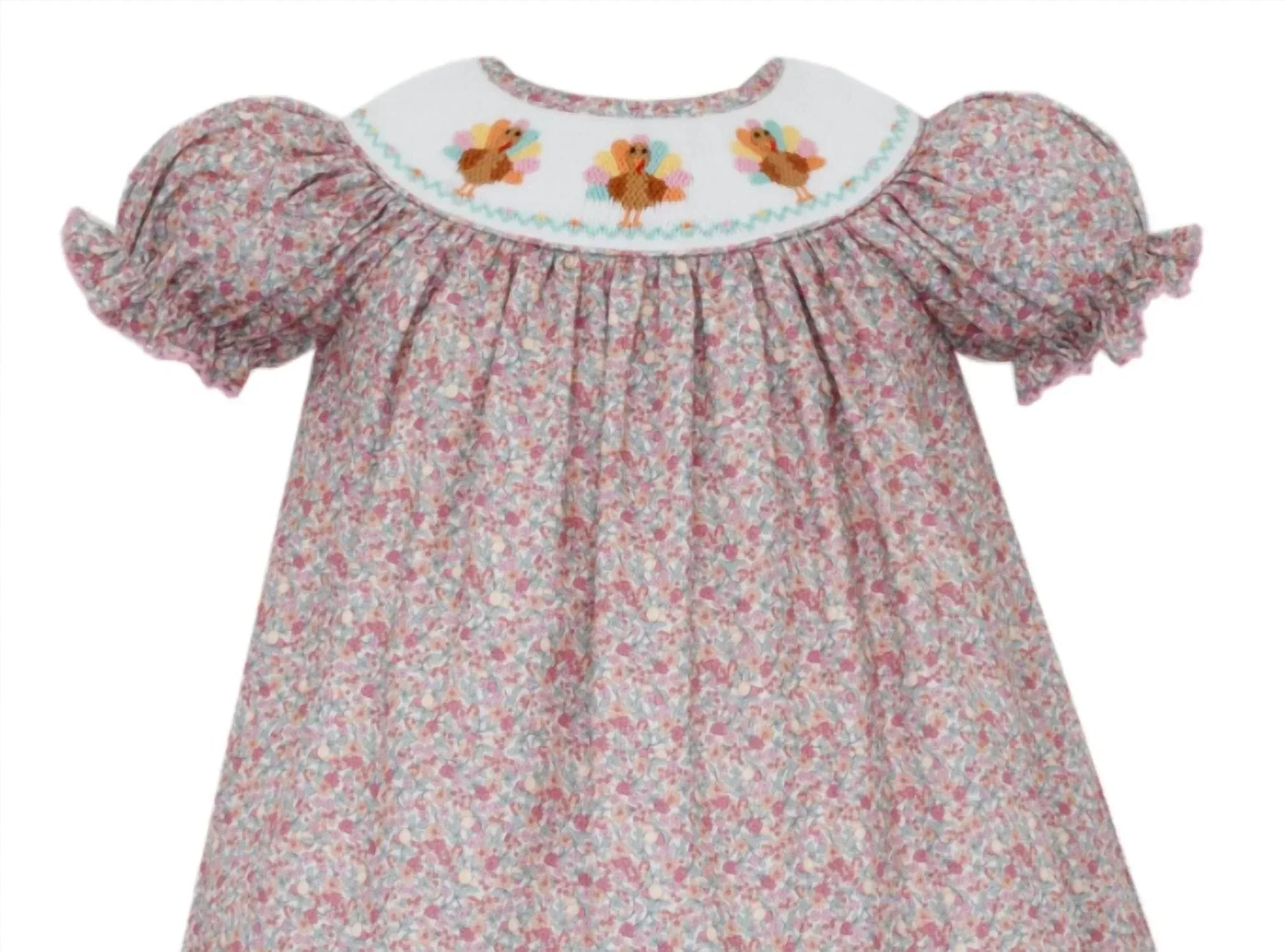 Anavini - Girl's Floral Turkey Girl Short Sleeve Smocked Bishop With Insert - Rack Hunt