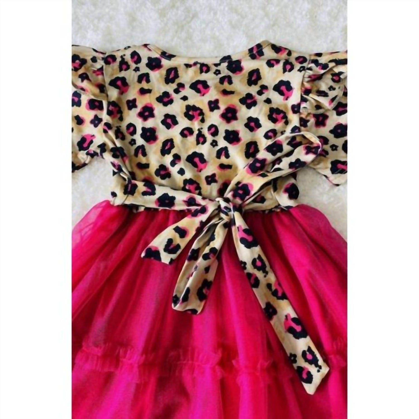 Lulu Clothes - Girl's Leopard Print Ruffle Sleeve Dress With Hot Pink Tulle Skirt - Rack Hunt -