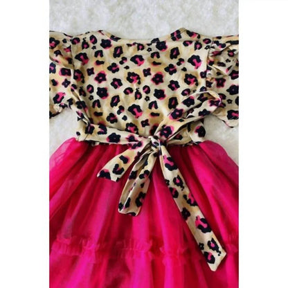 Lulu Clothes - Girl's Leopard Print Ruffle Sleeve Dress With Hot Pink Tulle Skirt - Rack Hunt