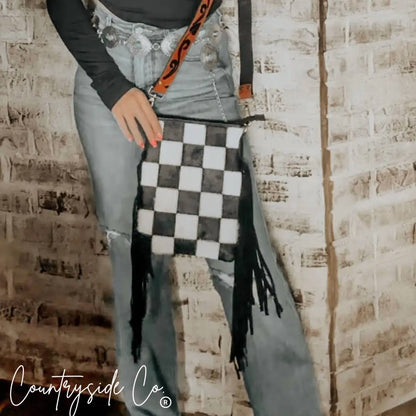 Stockdale Checkered Cowhide Fringe Purse