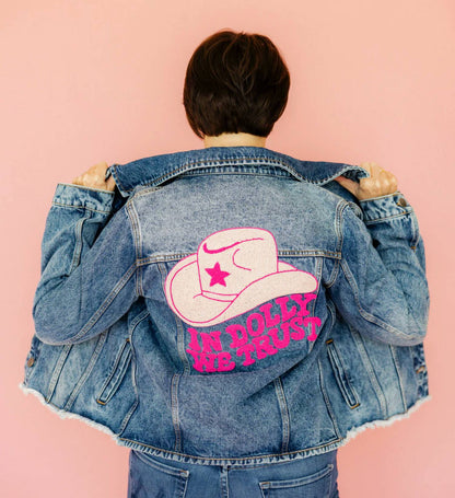 In Dolly We Trust Cropped Denim Jacket