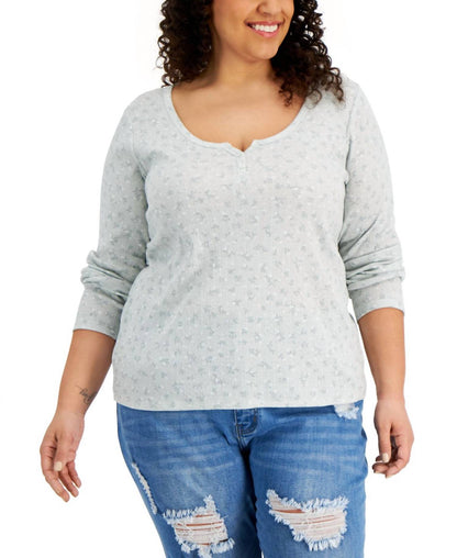 Trendy Plus Size Printed Henley Neck Top
