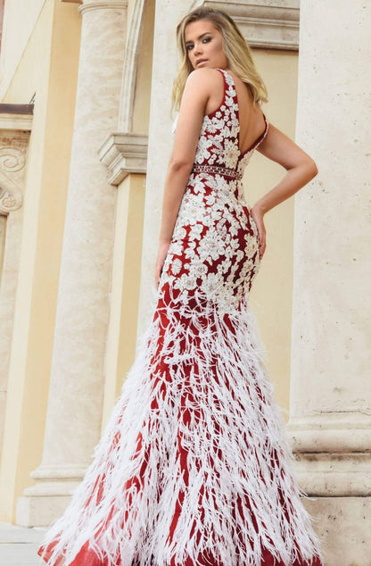 Floral Embroidered Deep V-neck Feathered Dress