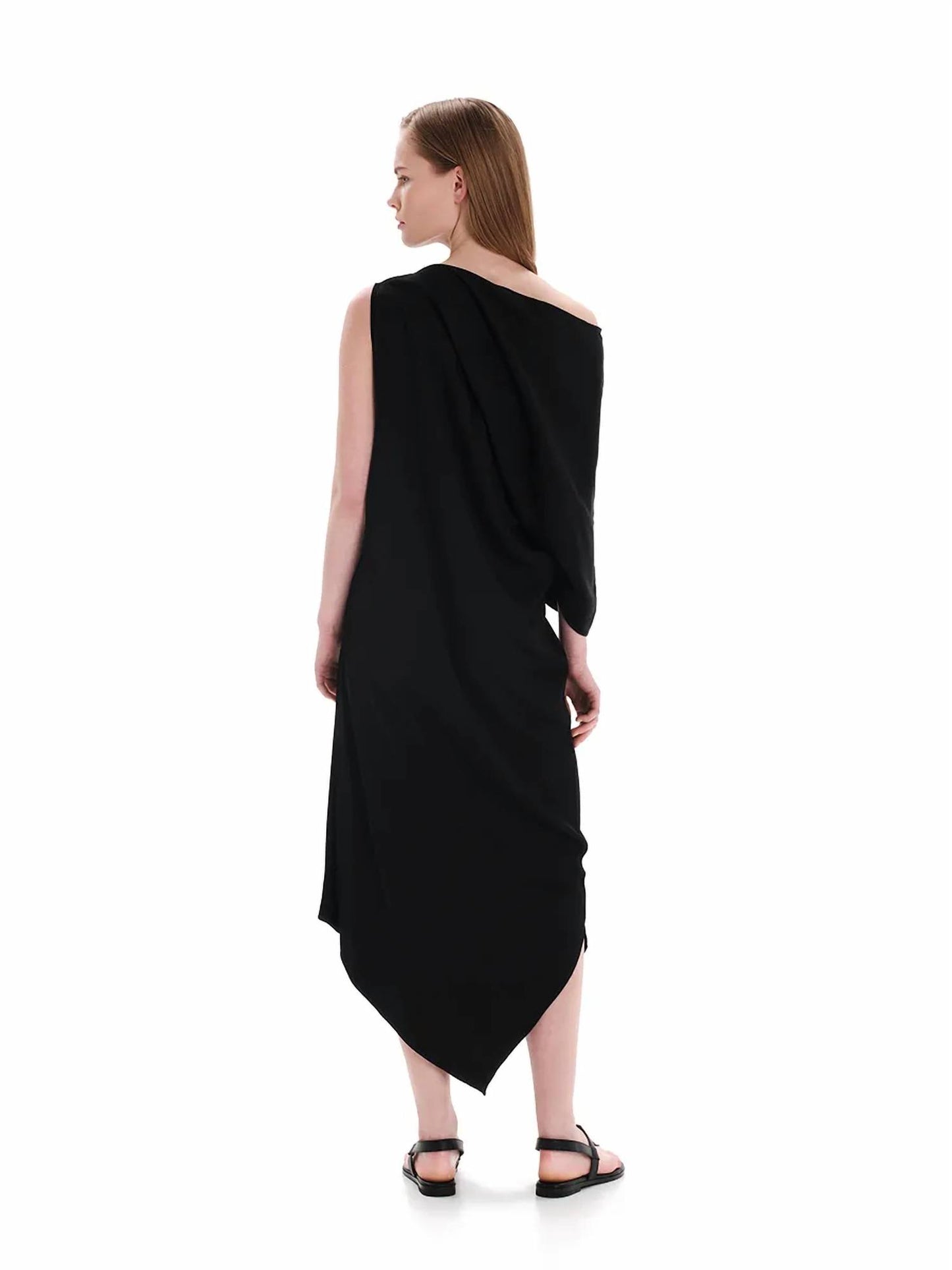 Luxurious Drapery Asymmetrical Midi Dress