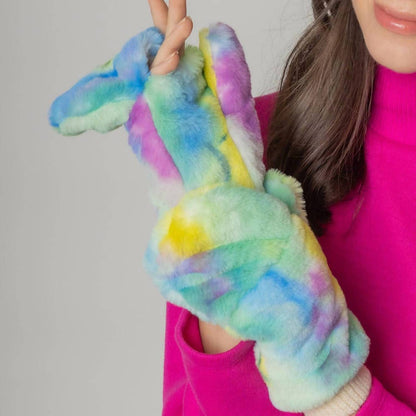 Women's Tie Dye Faux Fur Mitten Gloves