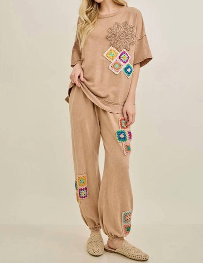 Crochet Detail Short Sleeve Set