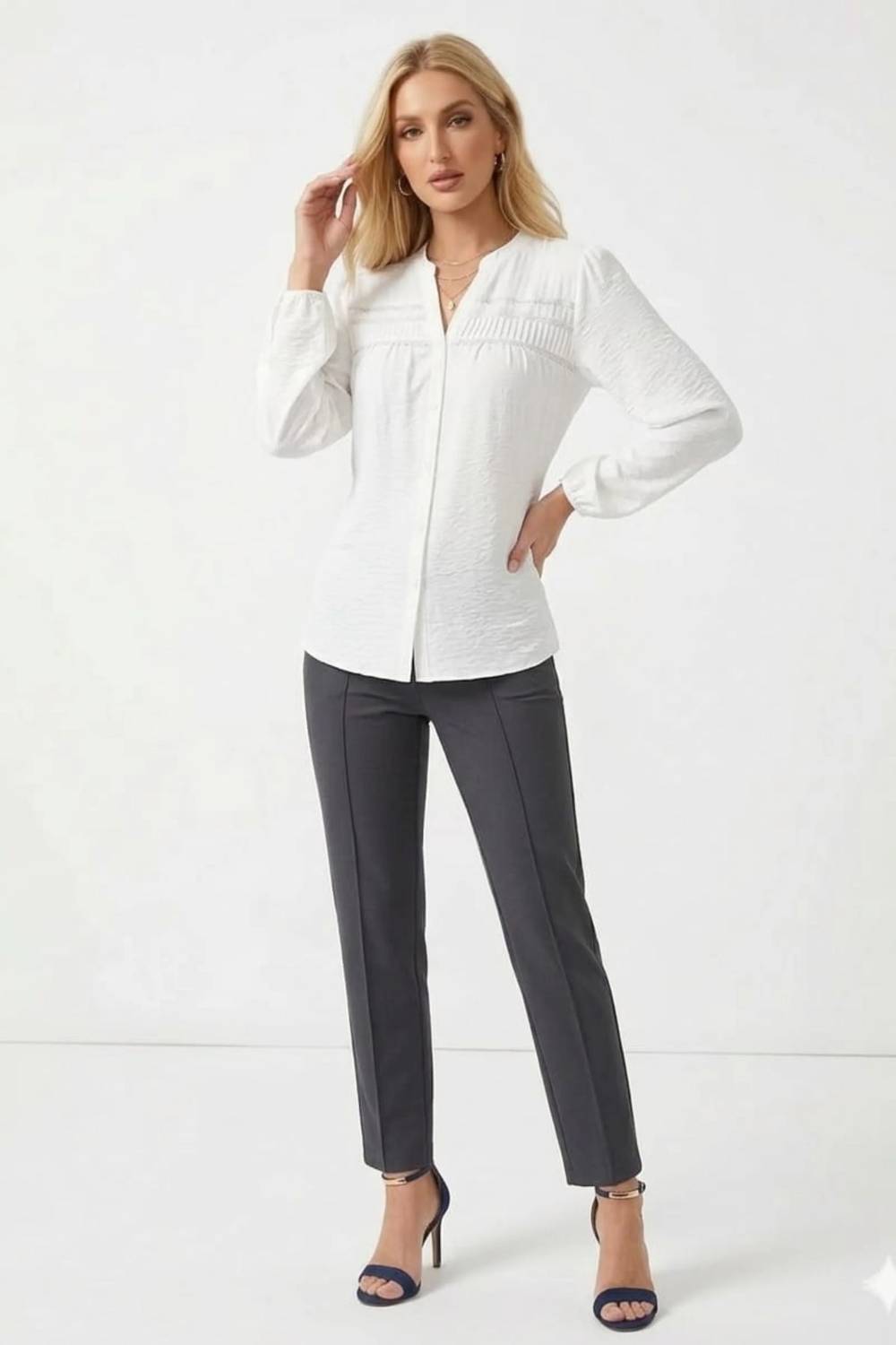 Pintuck Pleated Long Sleeve Blouse