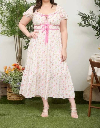 Floral Tile Print Contrast Tie Midi Dress - Midi