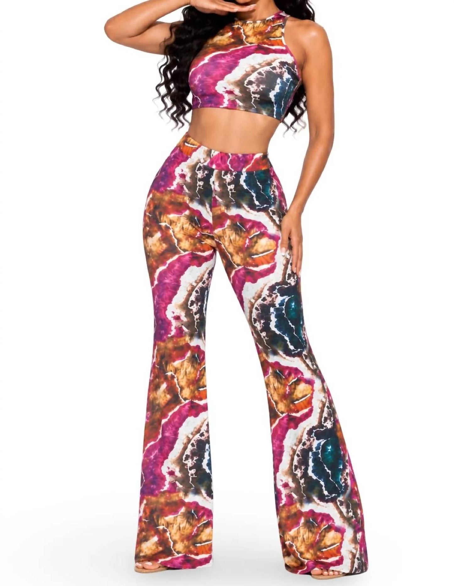 Italy Stretch Print Wide Leg Pants Set
