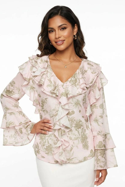 Romantic Floral Ruffle V-neck Blouse