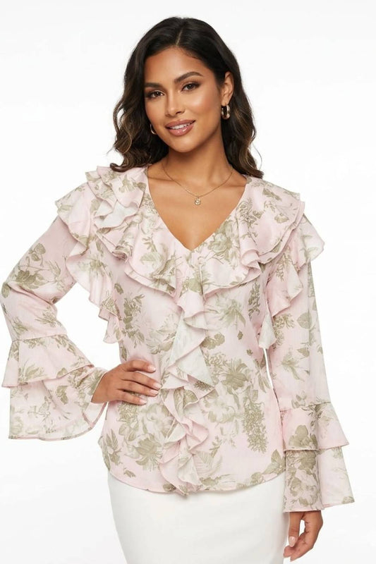 Romantic Floral Ruffle V-neck Blouse