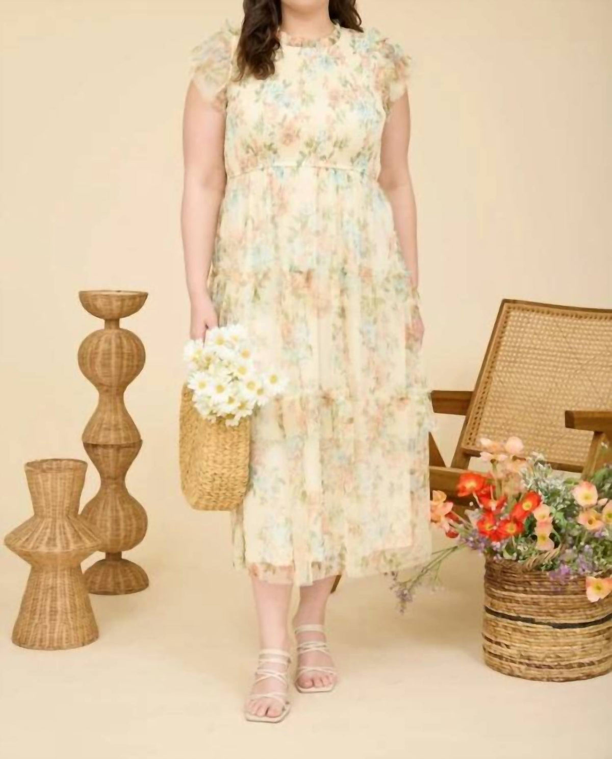 Floral Tulle Pattern Smocked Midi Dress - Plus