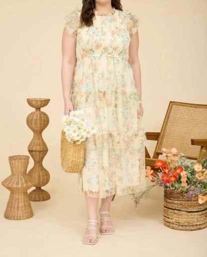 Floral Tulle Pattern Smocked Midi Dress - Plus