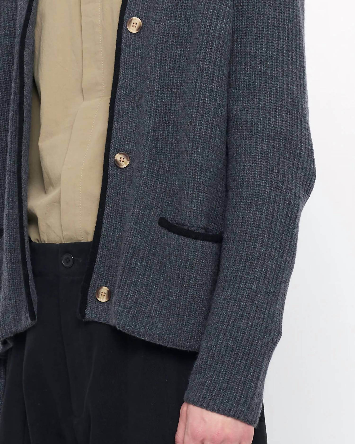 7115 by SZEKI - V-neck Pockets Trimmed Cardigan - Rack Hunt