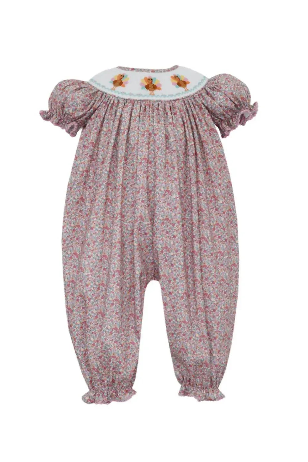 Anavini - Girl's Floral Turkey Girl Puff Sleeve Smocked Romper With Insert - Rack Hunt
