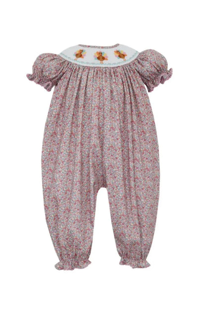 Anavini - Girl's Floral Turkey Girl Puff Sleeve Smocked Romper With Insert - Rack Hunt
